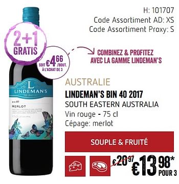 Promotions Australie lindeman`s bin 40 2017 south eastern australia vin rouge - Vins rouges - Valide de 20/09/2018 à 17/10/2018 chez Delhaize