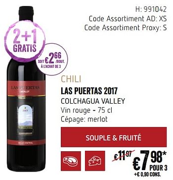 Promotions Chili las puertas 2017 colchagua valley vin rouge - Vins rouges - Valide de 20/09/2018 à 17/10/2018 chez Delhaize