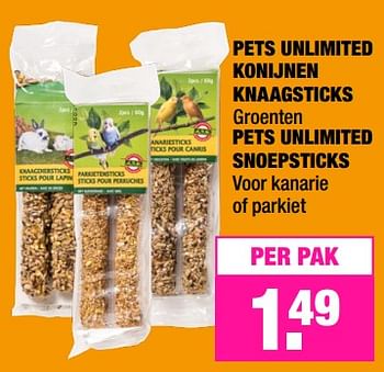 Promoties Pets unlimited konijnen knaagsticks groenten pets unlimited snoepsticks - Pet's Unlimited - Geldig van 24/09/2018 tot 07/10/2018 bij Big Bazar