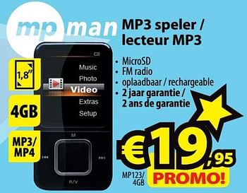 Promotions Mp man mp3 speler - lecteur mp3 mp123-4gb - MP Man - Valide de 26/09/2018 à 02/10/2018 chez ElectroStock