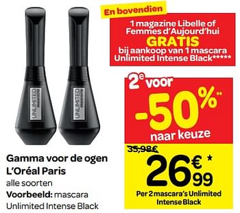 Promoties Mascara unlimited intense black - L'Oreal Paris - Geldig van 26/09/2018 tot 08/10/2018 bij Carrefour