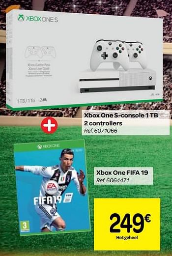 Promoties Xbox one s-console 1 tb 2 controllers + xbox one fifa 19 - Microsoft - Geldig van 26/09/2018 tot 08/10/2018 bij Carrefour