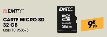 Promotions Emtec carte micro sd 32 gb class 10 - Emtec - Valide de 27/09/2018 à 17/10/2018 chez Electro Depot
