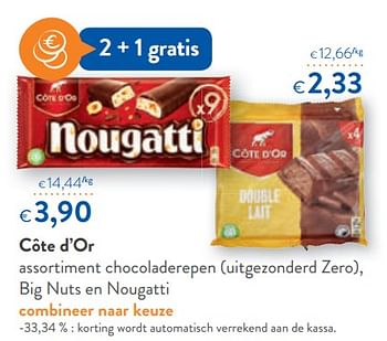 Promoties Côte d`or assortiment chocoladerepen uitgezonderd zero, big nuts en nougatti - Cote D'Or - Geldig van 26/09/2018 tot 09/10/2018 bij OKay