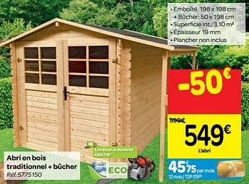 Promoties Abri en bois traditionnel + bûcher - Huismerk - Carrefour  - Geldig van 26/09/2018 tot 08/10/2018 bij Carrefour