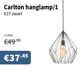Promoties Carlton hanglamp-1 e27 zwart - Huismerk - Cevo - Geldig van 27/09/2018 tot 10/10/2018 bij Cevo Market