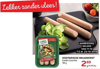 Promotions Vegetarische braadworst - Garden Gourmet - Valide de 17/10/2018 à 23/10/2018 chez Alvo