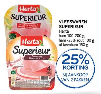 Promoties Vleeswaren superieur 25% korting bij aankoop van 2 pakken - Herta - Geldig van 10/10/2018 tot 23/10/2018 bij Alvo