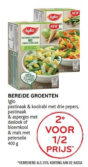 Promoties Bereide groenten 2de voor 1/2 prijs - Iglo - Geldig van 10/10/2018 tot 23/10/2018 bij Alvo