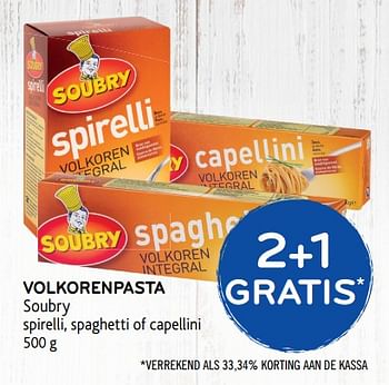 Promoties Volkorenpasta 2+1 gratis - Soubry - Geldig van 10/10/2018 tot 23/10/2018 bij Alvo