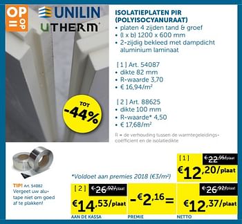 Promoties Isolatieplaten pir polyisocyanuraat - Unilin - Geldig van 09/10/2018 tot 05/11/2018 bij Zelfbouwmarkt