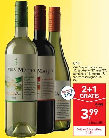 Promotions Chili viña maipo chardonnay `17, sauvignon `17, rosé `17, carménère `16, merlot `17, cabernet sauvignon `16 - Vins rouges - Valide de 10/10/2018 à 23/10/2018 chez Makro