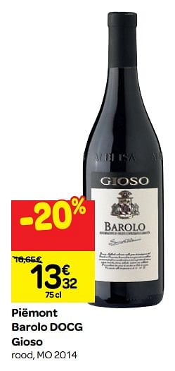 Promoties Piëmont barolo docg gioso - Rode wijnen - Geldig van 26/09/2018 tot 23/10/2018 bij Carrefour