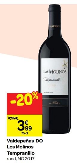 Promoties Valdepeñas do los molinos tempranillo - Rode wijnen - Geldig van 26/09/2018 tot 23/10/2018 bij Carrefour