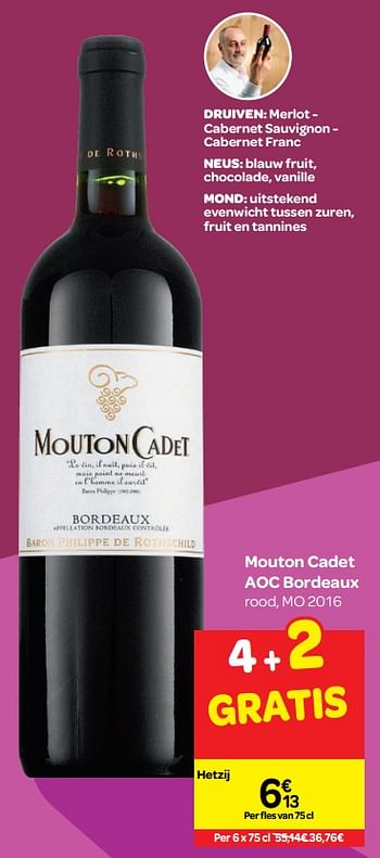 Promoties Mouton cadet aoc bordeaux rood, mo 2016 - Rode wijnen - Geldig van 26/09/2018 tot 23/10/2018 bij Carrefour