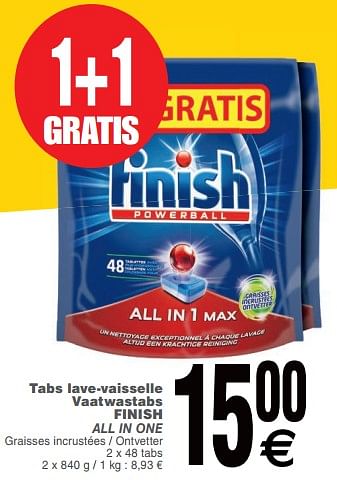 Promoties Tabs lave-vaisselle vaatwastabs finish all in one - Finish - Geldig van 09/10/2018 tot 15/10/2018 bij Cora