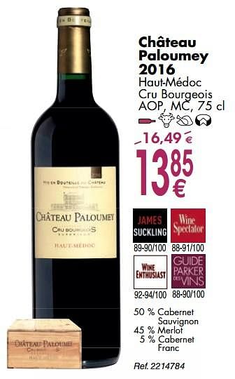 Promotions Château paloumey 2016 haut-médoc cru bourgeois aop, mc - Vins rouges - Valide de 02/10/2018 à 29/10/2018 chez Cora