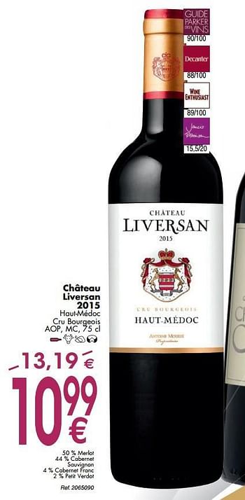 Promotions Château liversan 2015 haut-médoc cru bourgeois aop, mc - Vins rouges - Valide de 02/10/2018 à 29/10/2018 chez Cora