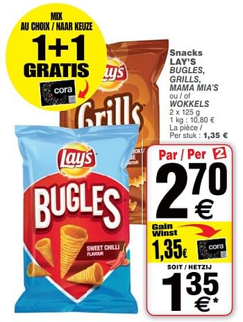 Promotions Snacks lay`s bugles, grills, mama mia`s ou - of wokkels - Lay's - Valide de 09/10/2018 à 15/10/2018 chez Cora