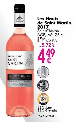 Promoties Les hauts de saint martin 2017 saint-chinian - Rosé wijnen - Geldig van 02/10/2018 tot 29/10/2018 bij Cora