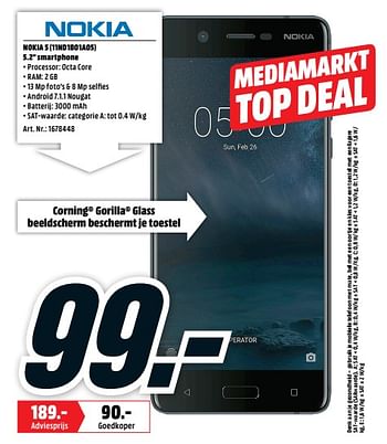 Promoties Nokia 5 (11nd1b01a05) 5.2 - Nokia - Geldig van 08/10/2018 tot 14/10/2018 bij Media Markt