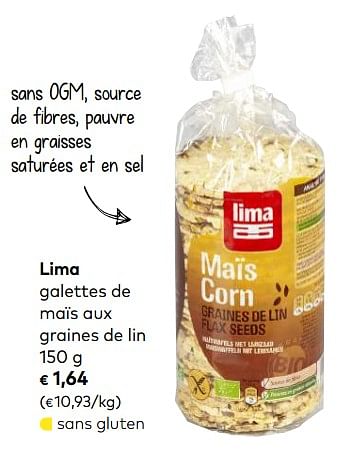 Promotions Lima galettes de maïs aux graines de lin - Lima - Valide de 03/10/2018 à 06/11/2018 chez Bioplanet