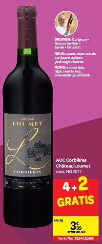 Promoties Aoc corbières château loumet rood, mo 2017 - Rode wijnen - Geldig van 26/09/2018 tot 23/10/2018 bij Carrefour
