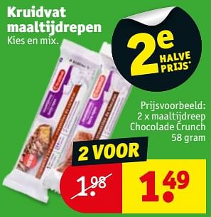 Promoties Maaltijdreep chocolade crunch - Huismerk - Kruidvat - Geldig van 09/10/2018 tot 21/10/2018 bij Kruidvat