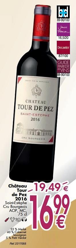 Promoties Château tour de pez 2016 saint-estèphe cru bourgeois aop, mc - Rode wijnen - Geldig van 02/10/2018 tot 29/10/2018 bij Cora