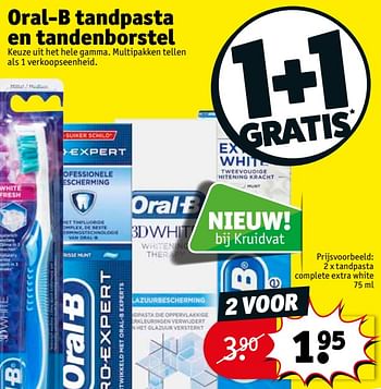 Promoties Tandpasta complete extra white - Oral-B - Geldig van 09/10/2018 tot 21/10/2018 bij Kruidvat