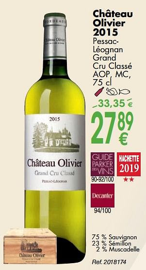 Promoties Château olivier 2015 pessac- léognan grand cru classé aop, mc - Witte wijnen - Geldig van 02/10/2018 tot 29/10/2018 bij Cora