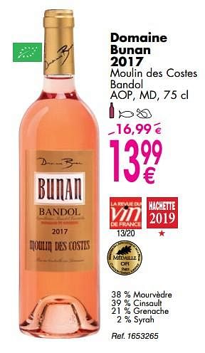 Promotions Domaine bunan 2017 moulin des costes bandol - Vins rosé - Valide de 02/10/2018 à 29/10/2018 chez Cora