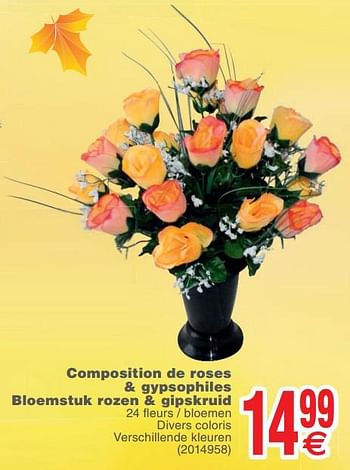 Promoties Composition de roses + gypsophiles bloemstuk rozen + gipskruid - Huismerk - Cora - Geldig van 09/10/2018 tot 22/10/2018 bij Cora
