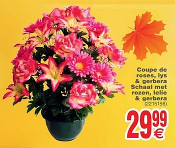 Promotions Coupe de roses, lys + gerbera schaal met rozen, lelie + gerbera - Produit maison - Cora - Valide de 09/10/2018 à 22/10/2018 chez Cora