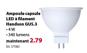 Promoties Ampoule capsule led à filament handson gu5.3 - Handson - Geldig van 10/10/2018 tot 22/10/2018 bij Gamma