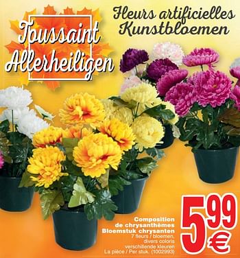 Promotions Composition de chrysanthèmes bloemstuk chrysanten - Produit maison - Cora - Valide de 09/10/2018 à 22/10/2018 chez Cora