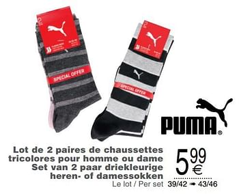 Promotions Lot de 2 paires de chaussettes tricolores pour homme ou dame set van 2 paar driekleurige heren- of damessokken - Puma - Valide de 09/10/2018 à 22/10/2018 chez Cora