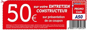 Promotions 50 € sur votre entretien constructeur - Produit maison - Auto 5  - Valide de 16/10/2018 à 11/11/2018 chez Auto 5