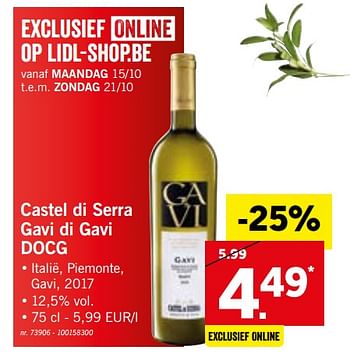 Promoties Castel di serra, gavi di gavi docg - Witte wijnen - Geldig van 15/10/2018 tot 20/10/2018 bij Lidl