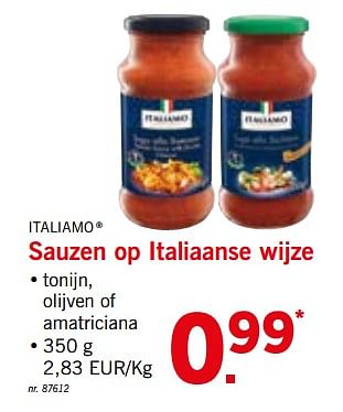 Promoties Sauzen op italiaanse wijze - Italiamo - Geldig van 15/10/2018 tot 20/10/2018 bij Lidl