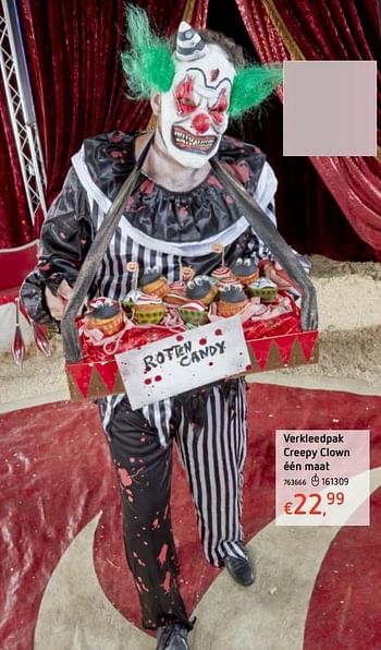 Promoties Verkleedpak creepy clown één maa - Huismerk - Dreamland - Geldig van 11/10/2018 tot 31/10/2018 bij Dreamland