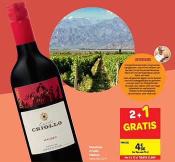 Promoties Mendoza criollo malbec - Rode wijnen - Geldig van 26/09/2018 tot 23/10/2018 bij Carrefour