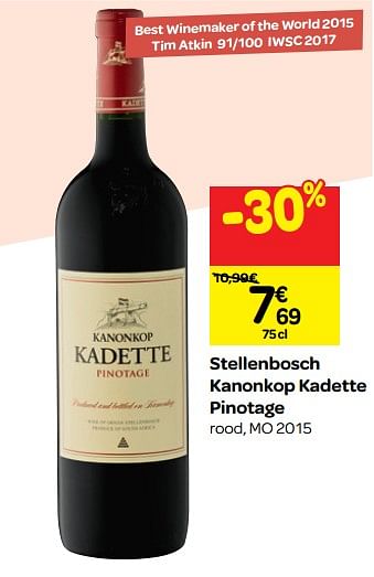 Promoties Stellenbosch kanonkop kadette pinotage - Rode wijnen - Geldig van 26/09/2018 tot 23/10/2018 bij Carrefour
