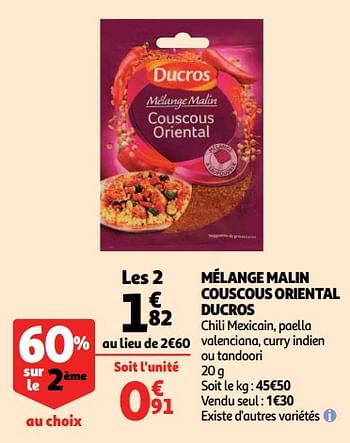 Promoties Mélange malin couscous oriental ducros - Ducros - Geldig van 10/10/2018 tot 16/10/2018 bij Auchan