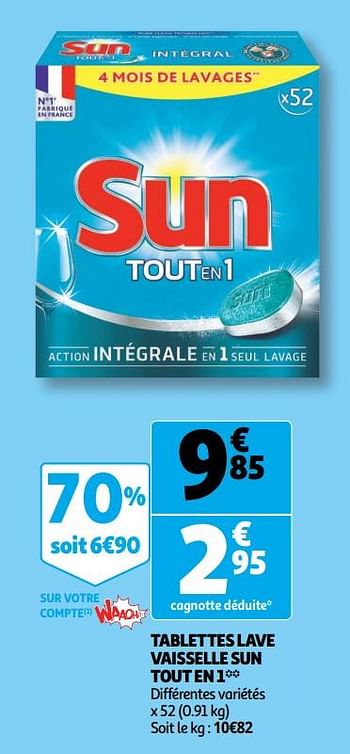 Promotions Tablettes lave vaisselle sun tout en 1 - Sun - Valide de 10/10/2018 à 16/10/2018 chez Auchan Ronq