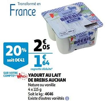 Promotions Yaourt au lait de brebis auchan - Produit Maison - Auchan Ronq - Valide de 10/10/2018 à 16/10/2018 chez Auchan Ronq