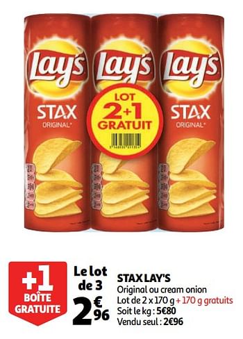 Promotions Stax lay`s original ou cream onion - Lay's - Valide de 10/10/2018 à 16/10/2018 chez Auchan Ronq