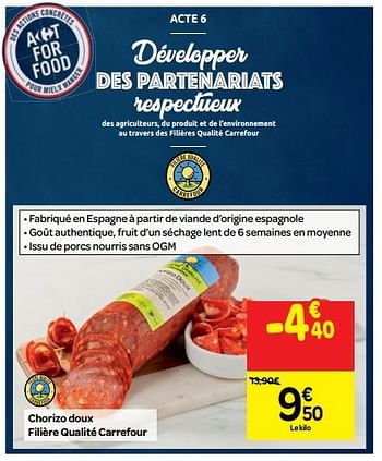 Promotions Chorizo doux filière qualité carrefour - Produit maison - Carrefour  - Valide de 10/10/2018 à 16/10/2018 chez Carrefour