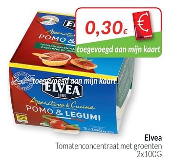 Promotions Elvea tomatenconcentraat met groenten - Elvea - Valide de 01/10/2018 à 31/10/2018 chez Intermarche