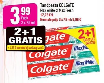 Promoties Tandpasta colgate max white of max fresh - Colgate - Geldig van 17/10/2018 tot 23/10/2018 bij Smatch